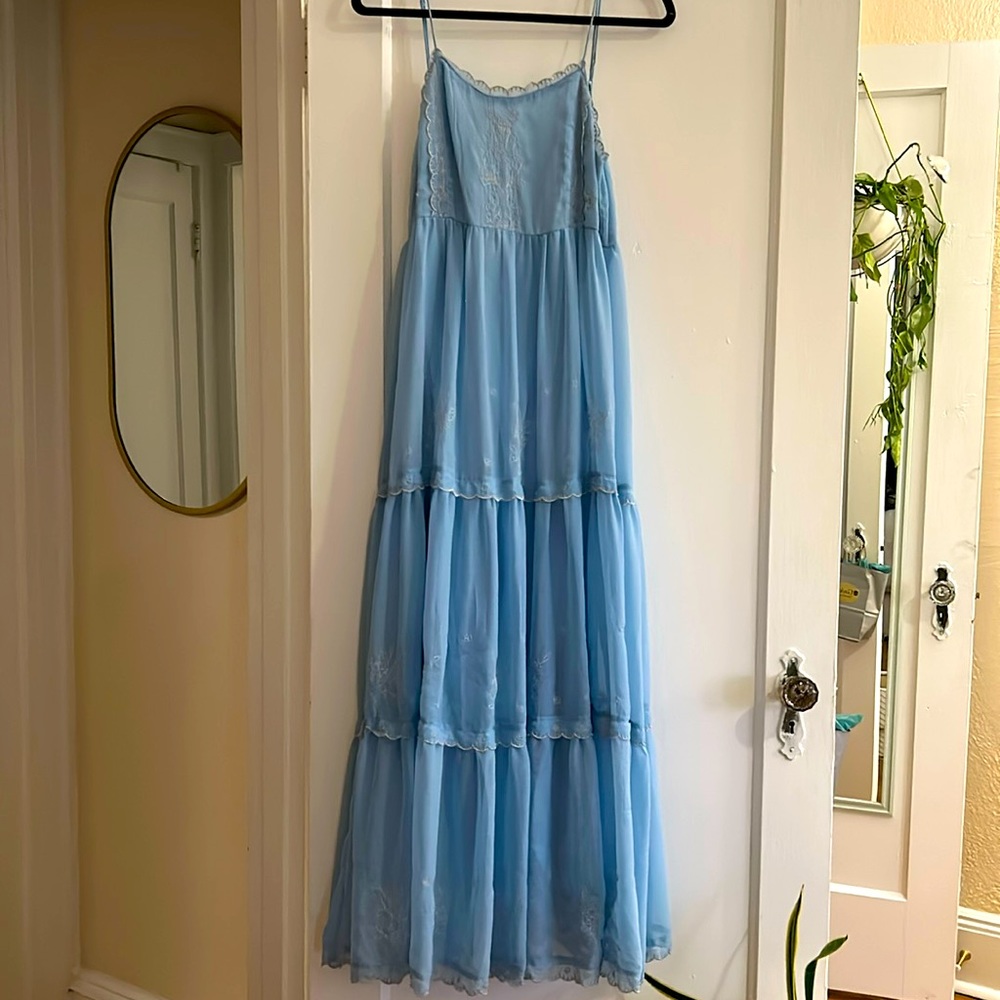Urban Outfitters Hanna Blue Tiered Maxi Dress with Silver Stitched Floral Detail